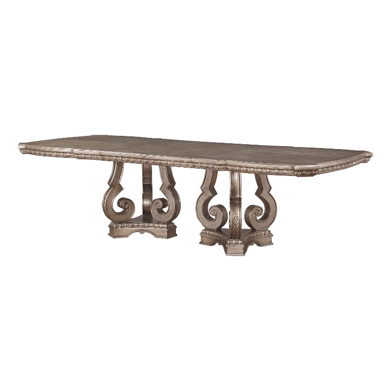 Bowery Hill Wooden Extendable Dining Table with Double Pedestal in Silver