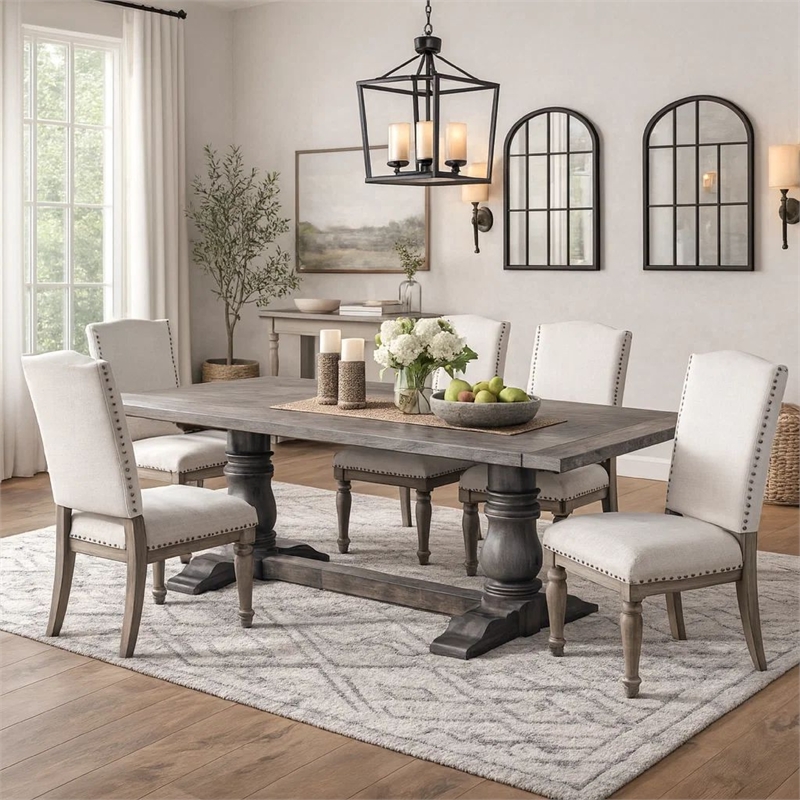 Bowery Hill Wooden Rectangular Dining Table with Trestle Base in Gray