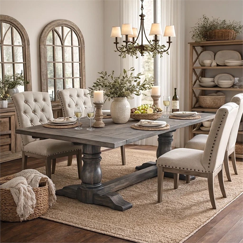 Bowery Hill Wooden Rectangular Dining Table with Trestle Base in Gray