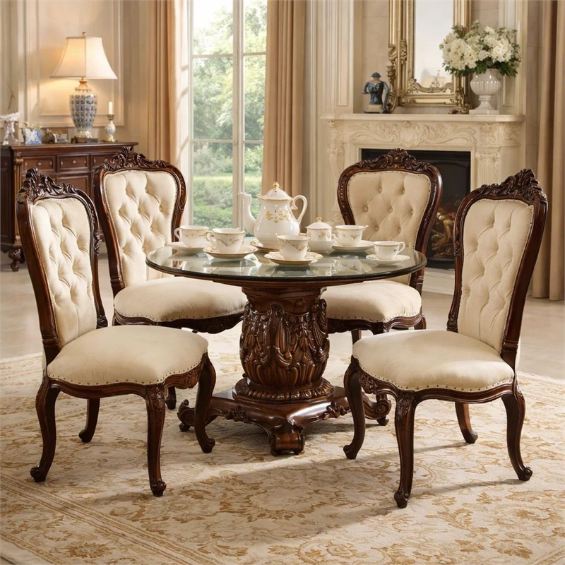Bowery Hill Dining Table with Glass Top and Pedestal Base in Cherry Brown