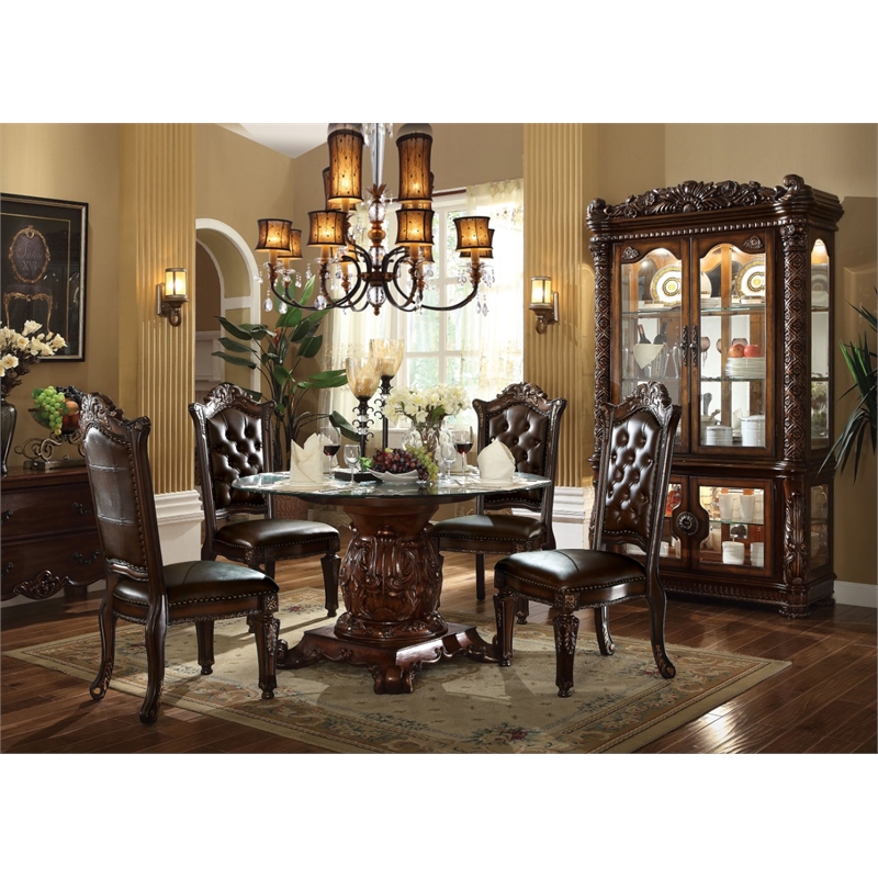 Bowery Hill Dining Table with Glass Top and Pedestal Base in Cherry Brown