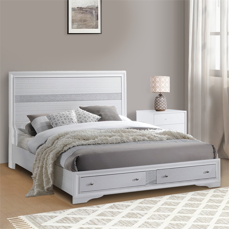 Bowery Hill Queen Size Bed with Panel Headboard and Storage in White