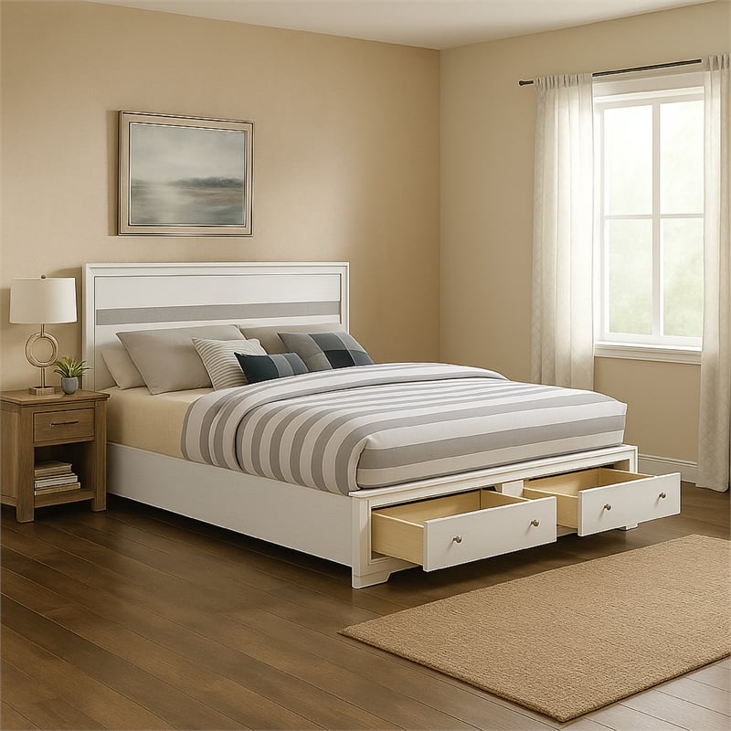 Bowery Hill 2 Drawer Wooden Eastern King Bed with Panel Headboard in White