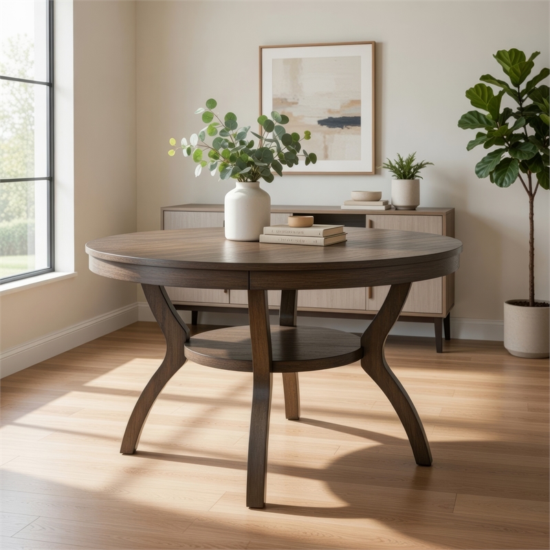 Bowery Hill 48 Inch Wooden Round Dining Table with Angled Legs in Brown