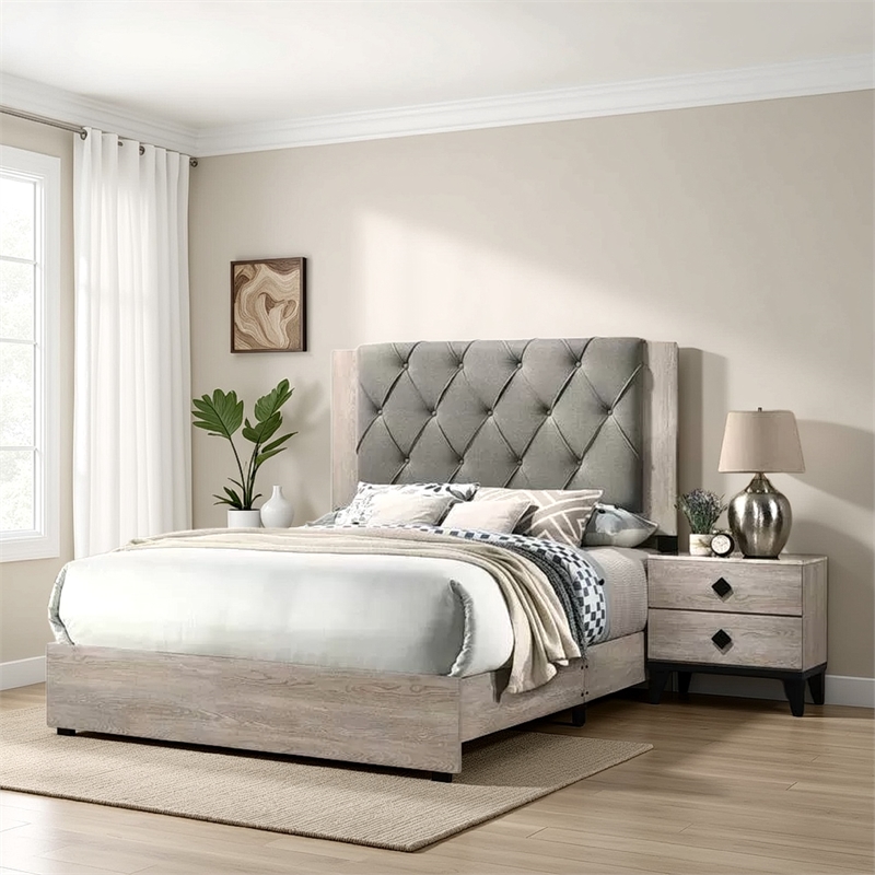 Bowery Hill Wooden Eastern King Bed with Tufted Headboard in Gray and Cream