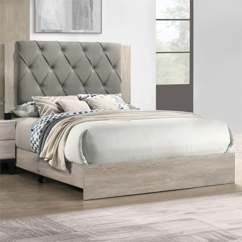 Bowery Hill California King Bed with Tufted Headboard in Gray and Cream