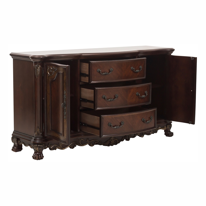 Bowery Hill 2 Door Buffet with 3 Drawers and Claw Feet in Cherry Brown