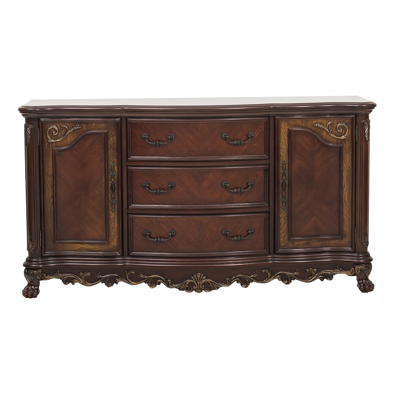 Bowery Hill 2 Door Buffet with 3 Drawers and Claw Feet in Cherry Brown