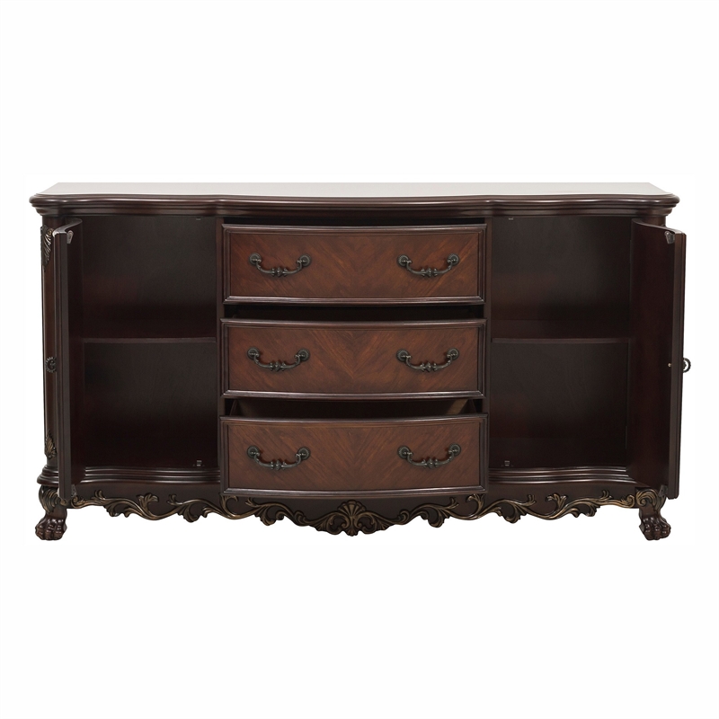 Bowery Hill 2 Door Buffet with 3 Drawers and Claw Feet in Cherry Brown