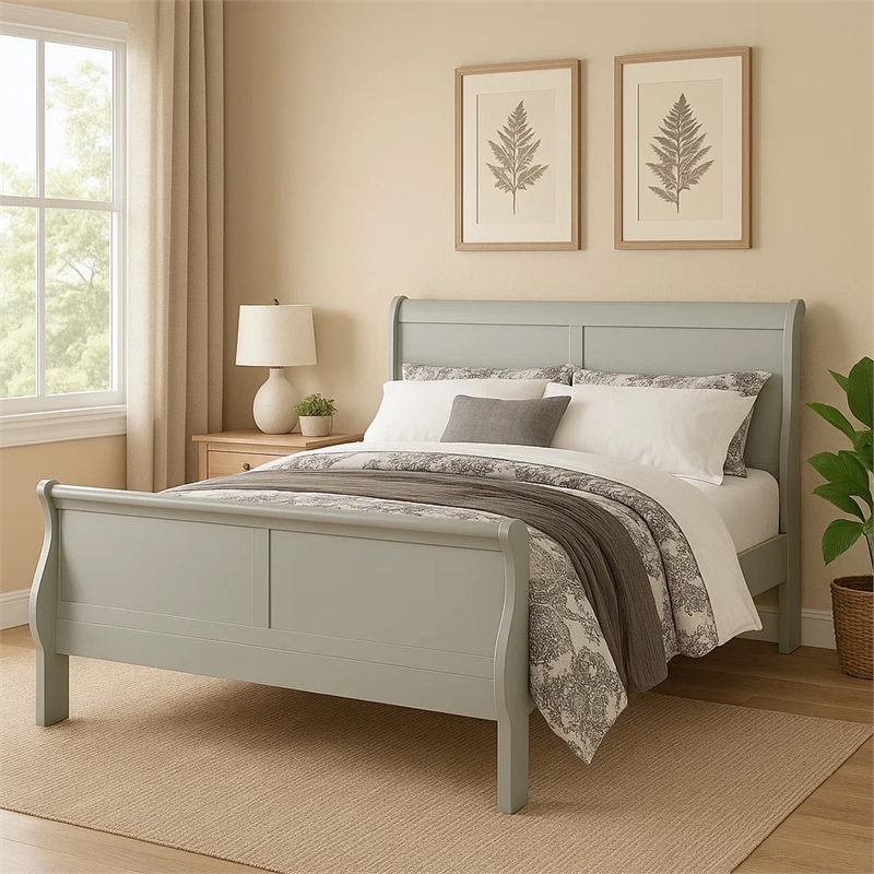 Bowery Hill Sleigh Twin Size Bed with Rectangular Thin Legs in Silver
