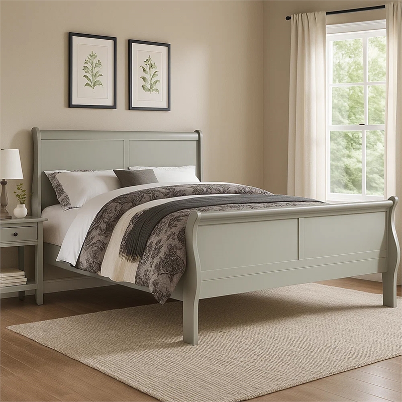 Bowery Hill Sleigh Twin Size Bed with Rectangular Thin Legs in Silver