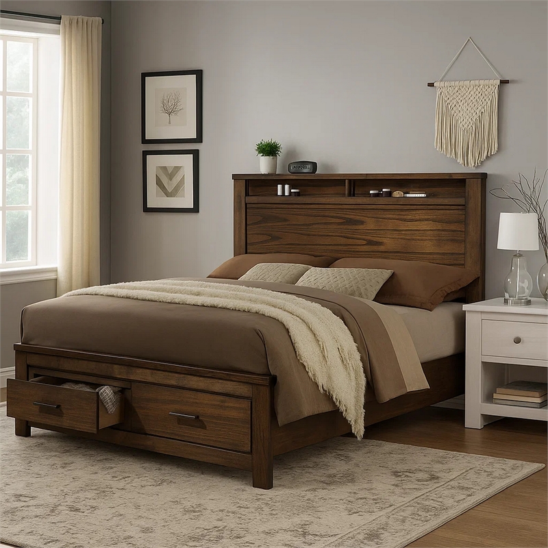 Bowery Hill Wooden Eastern King Bed with Open Shelves and Drawers in Brown