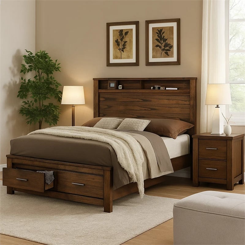 Bowery Hill Wooden Eastern King Bed with Open Shelves and Drawers in Brown