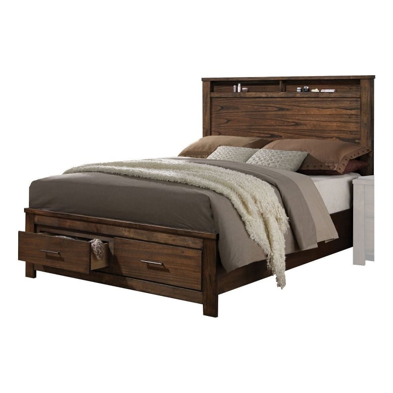 Bowery Hill Wooden Eastern King Bed with Open Shelves and Drawers in Brown