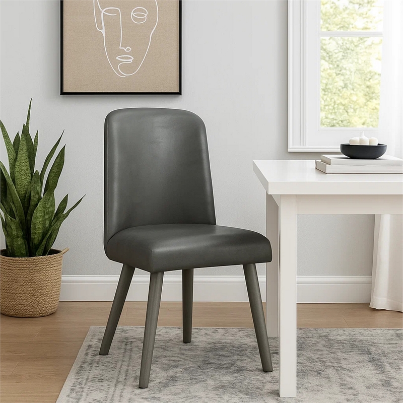 Bowery Hill Leatherette Dining Chair with Wooden Legs Set of 2 in Gray
