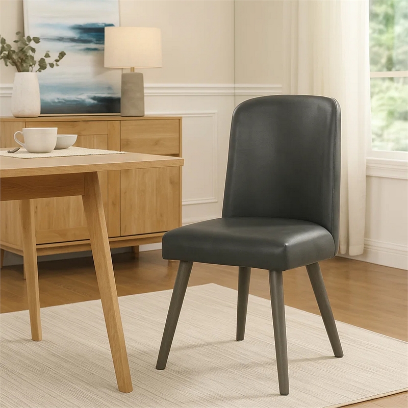 Bowery Hill Leatherette Dining Chair with Wooden Legs Set of 2 in Gray