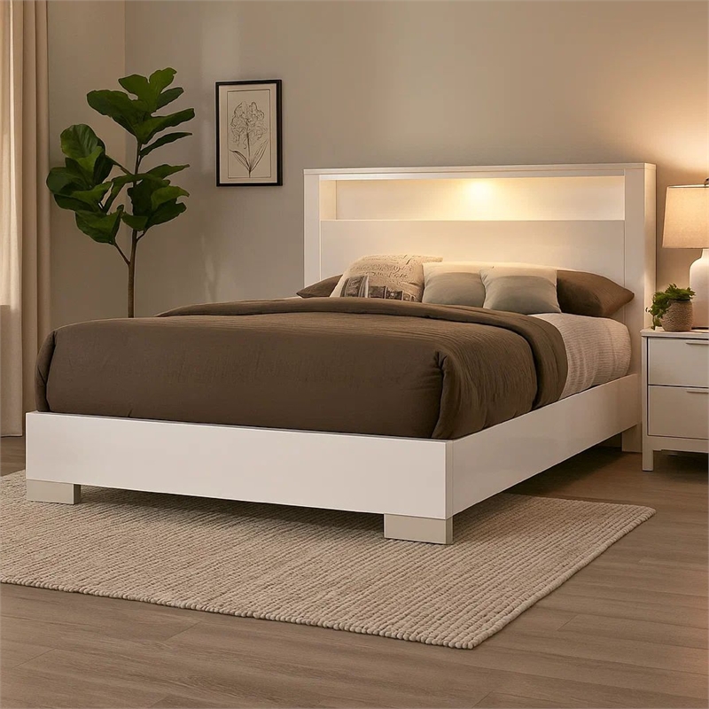 Bowery Hill Eastern King Bed with Shelved Headboard and LED Light in White