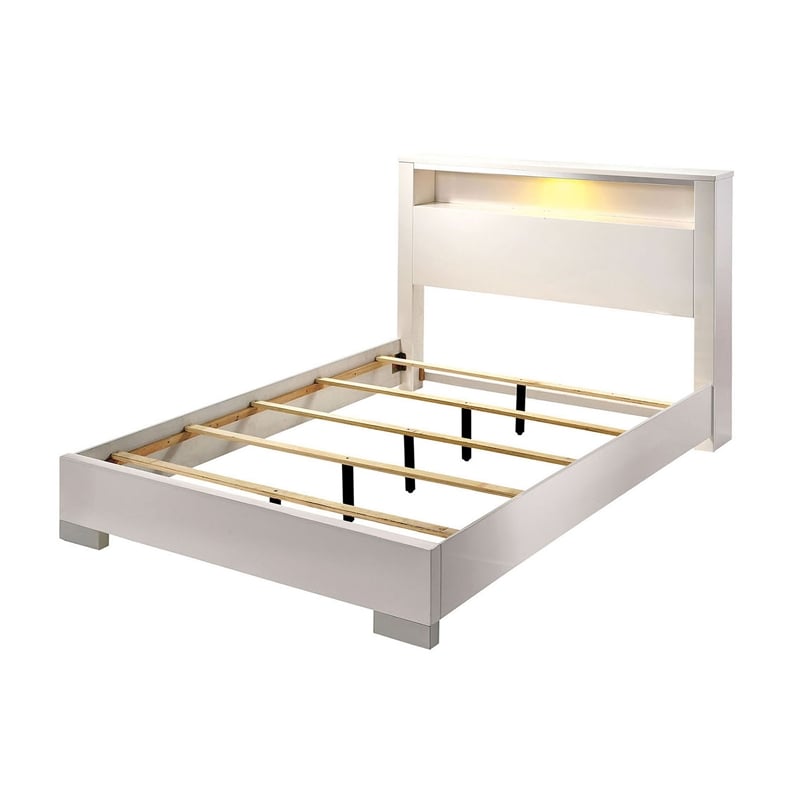 Bowery Hill Eastern King Bed with Shelved Headboard and LED Light in White