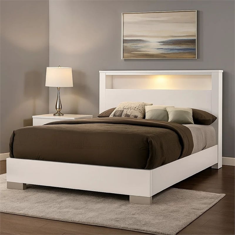 Bowery Hill Eastern King Bed with Shelved Headboard and LED Light in White