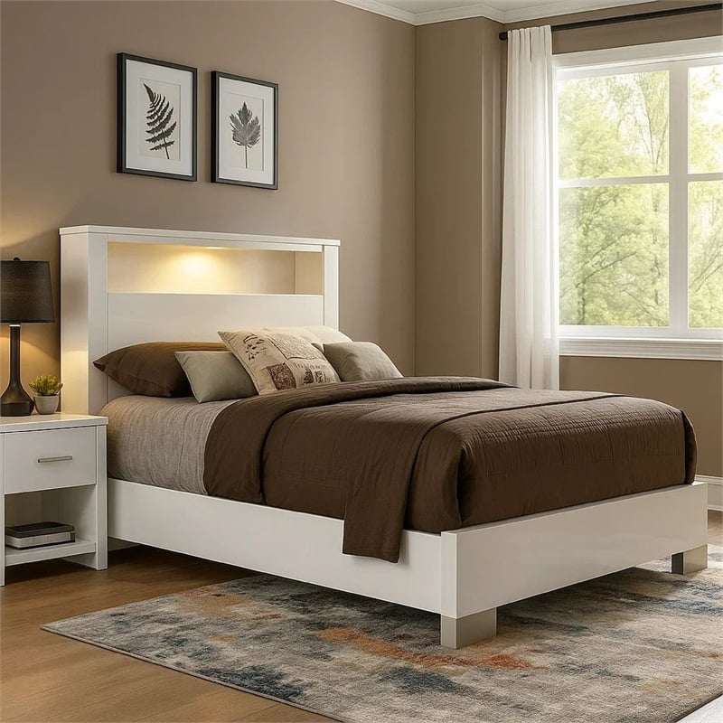 Bowery Hill Eastern King Bed with Shelved Headboard and LED Light in White