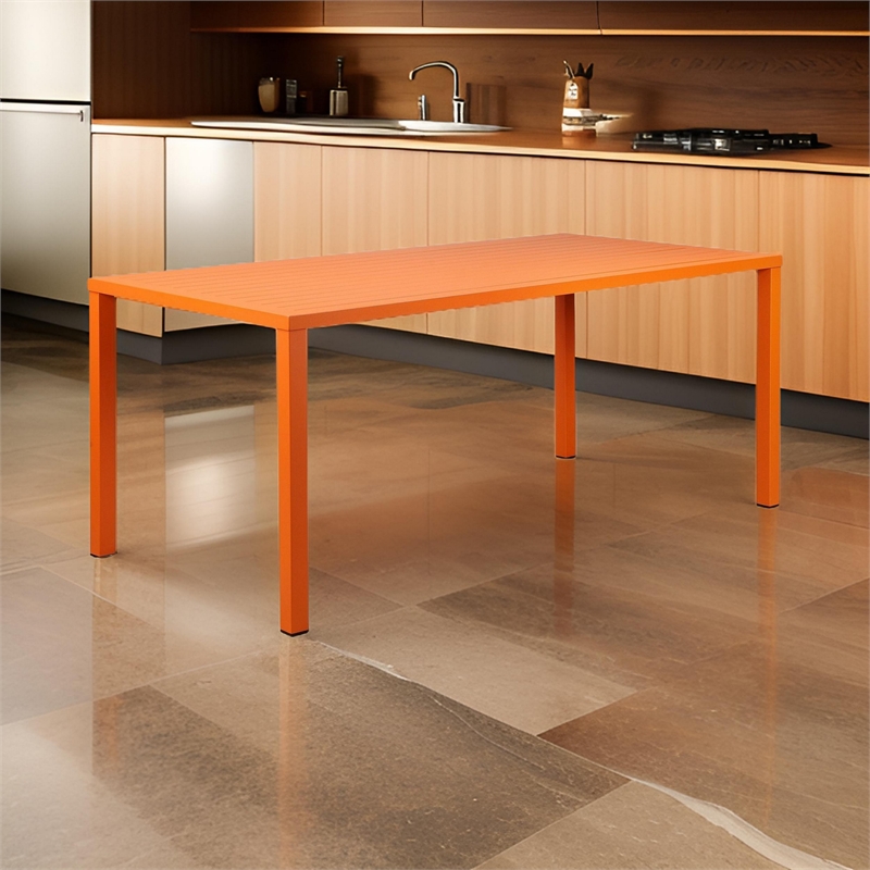 Bowery Hill Slatted Top Metal Dining Table with Straight Legs in Orange
