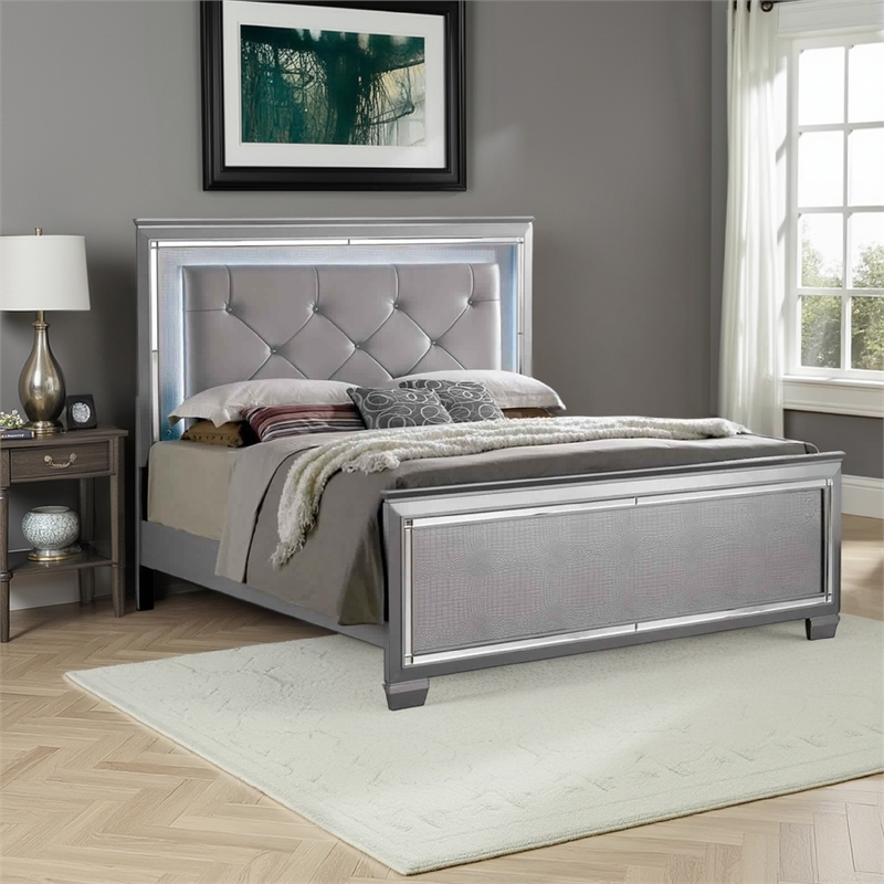 Bowery Hill Textured Queen King Size Bed with Silver Trim Accents in Beige