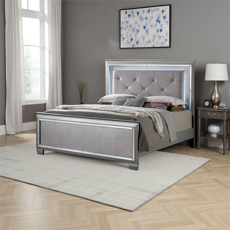 Bowery Hill Textured Eastern King Bed with Silver Trim Accents in Beige