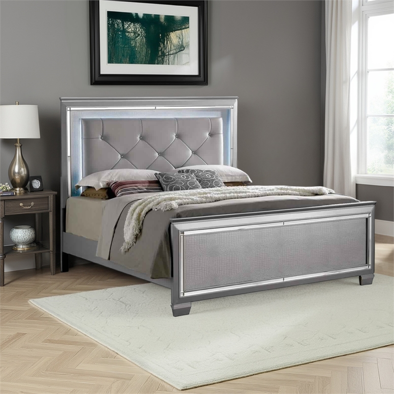 Bowery Hill Textured California King Bed with Silver Trim Accents in Beige