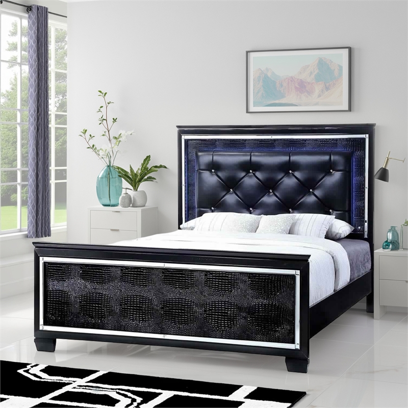 Bowery Hill Textured Eastern King Bed with Silver Trim Accents in Black