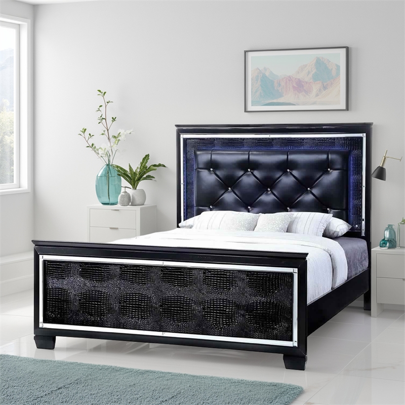 Bowery Hill Textured California King Bed with Silver Trim Accents in Black