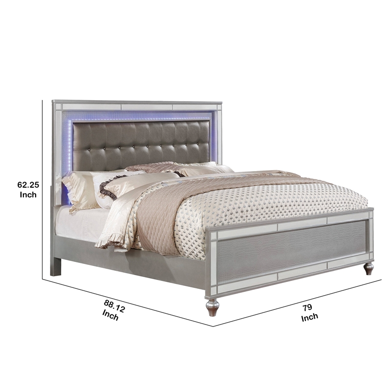 Bowery Hill Button Tufted Eastern King Bed with Ornate Bun Feet in Silver