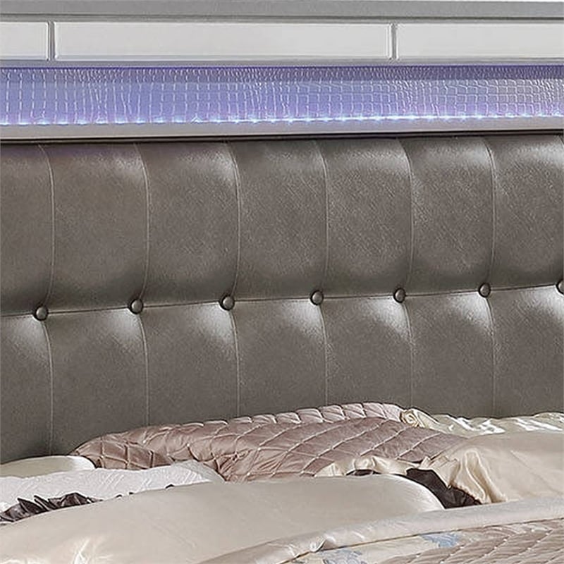 Bowery Hill Button Tufted Eastern King Bed with Ornate Bun Feet in Silver