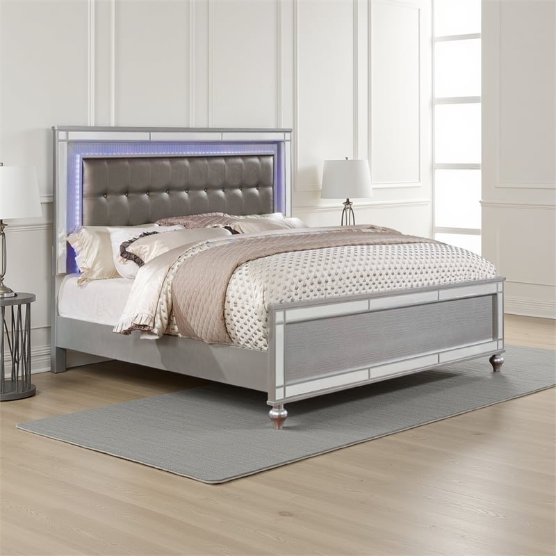 Bowery Hill Button Tufted Eastern King Bed with Ornate Bun Feet in Silver