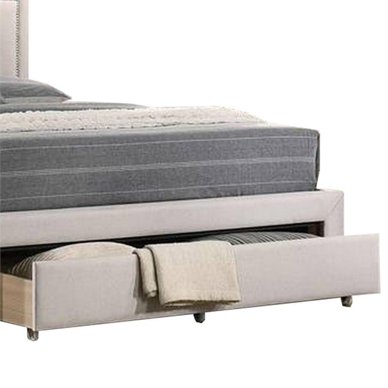 Bowery Hill Tufted Queen Bed with Storage and Nailhead Trim in Ivory