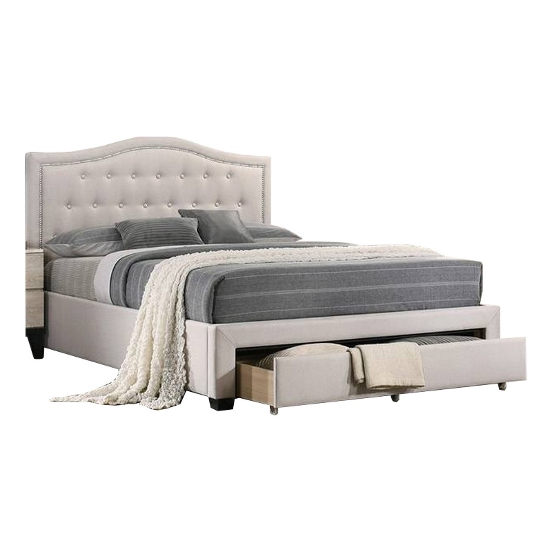 Bowery Hill Tufted Queen Bed with Storage and Nailhead Trim in Ivory