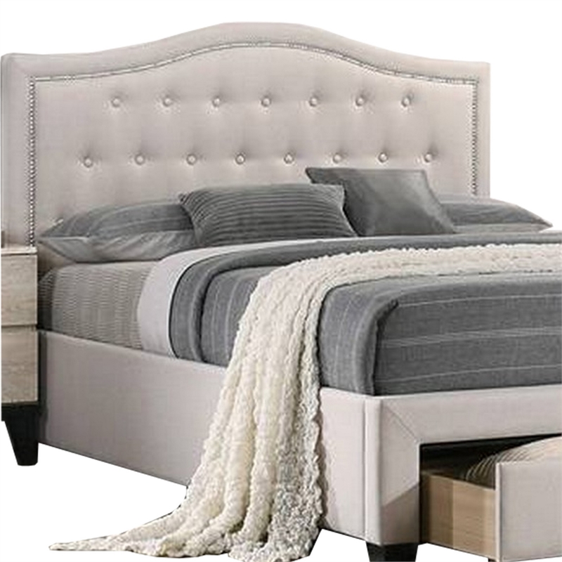 Bowery Hill Tufted Queen Bed with Storage and Nailhead Trim in Ivory