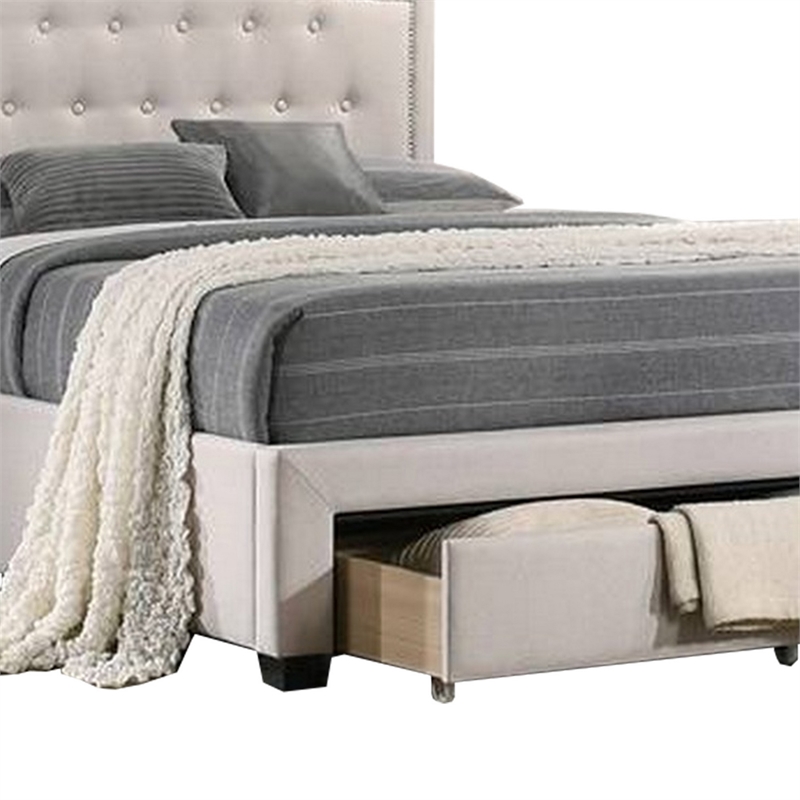 Bowery Hill Tufted Queen Bed with Storage and Nailhead Trim in Ivory