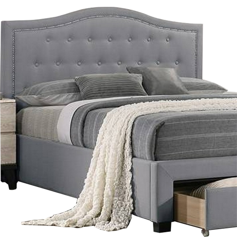 Bowery Hill Tufted Queen Bed with Storage and Nailhead Trim in Gray