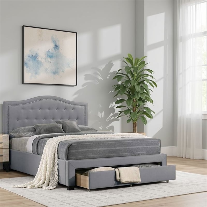 Bowery Hill Tufted Queen Bed with Storage and Nailhead Trim in Gray