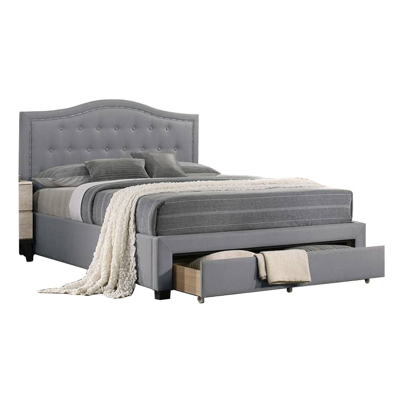 Bowery Hill Tufted Queen Bed with Storage and Nailhead Trim in Gray