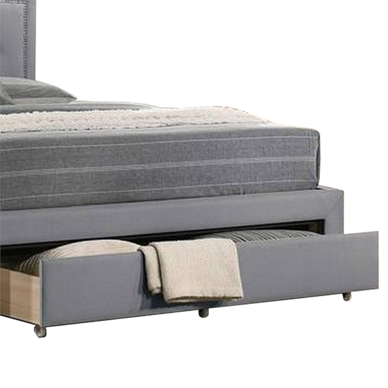 Bowery Hill Tufted Queen Bed with Storage and Nailhead Trim in Gray