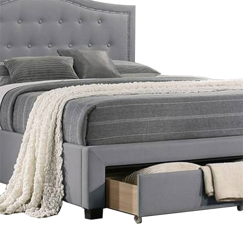 Bowery Hill Tufted Queen Bed with Storage and Nailhead Trim in Gray