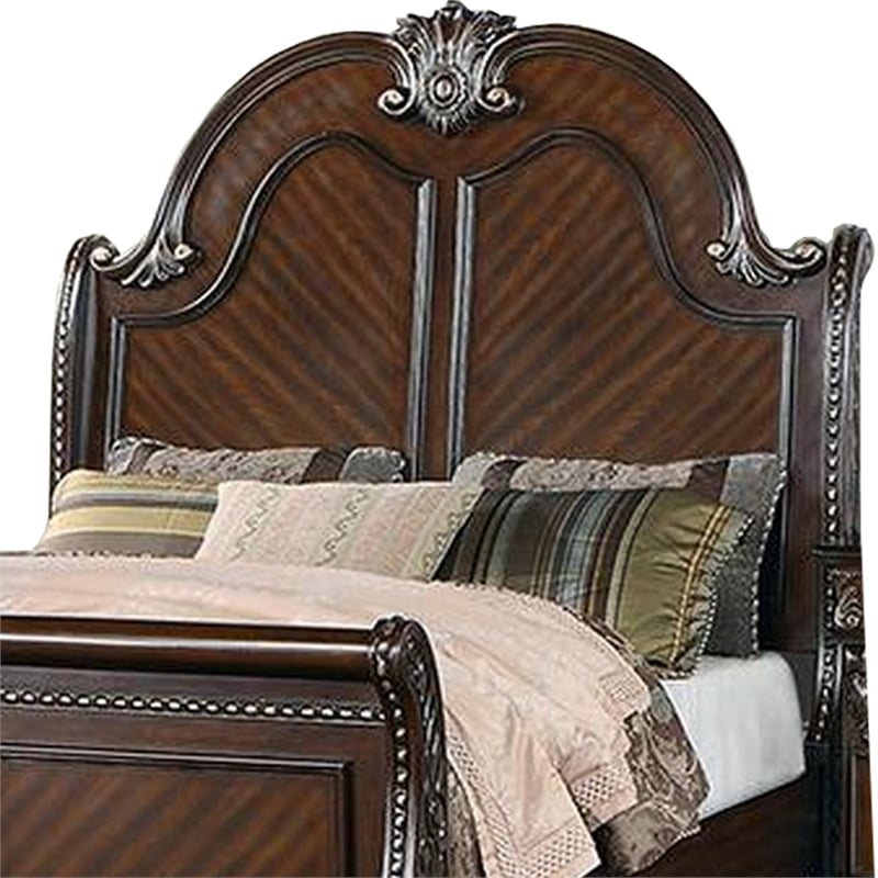 Bowery Hill Queen Bed with Carved Trim and Scalloped Headboard in Brown
