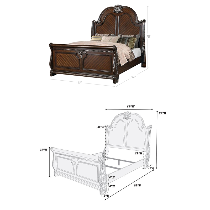 Bowery Hill Queen Bed with Carved Trim and Scalloped Headboard in Brown