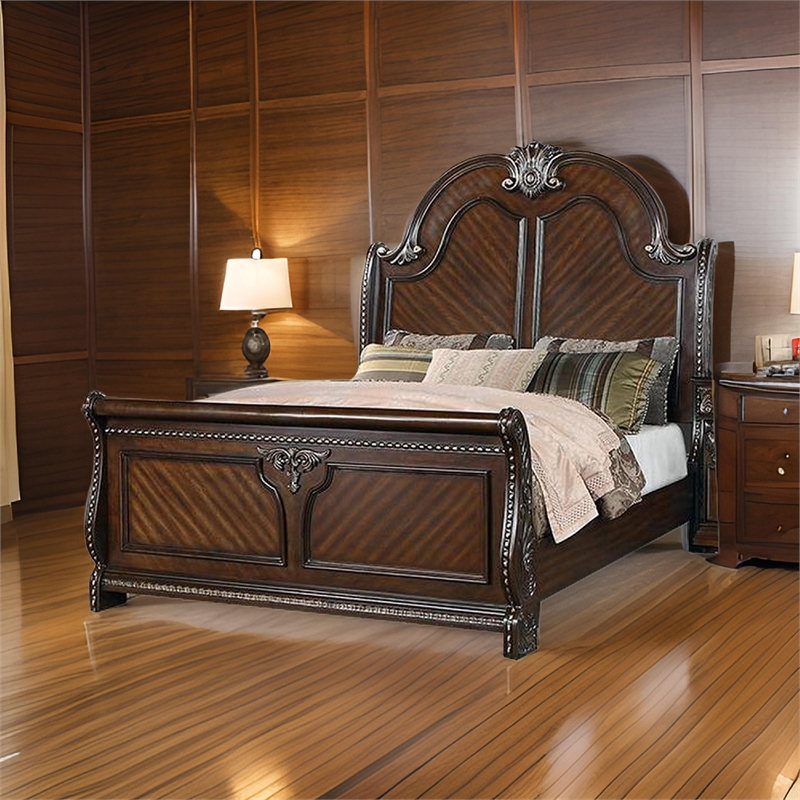 Bowery Hill Queen Bed with Carved Trim and Scalloped Headboard in Brown