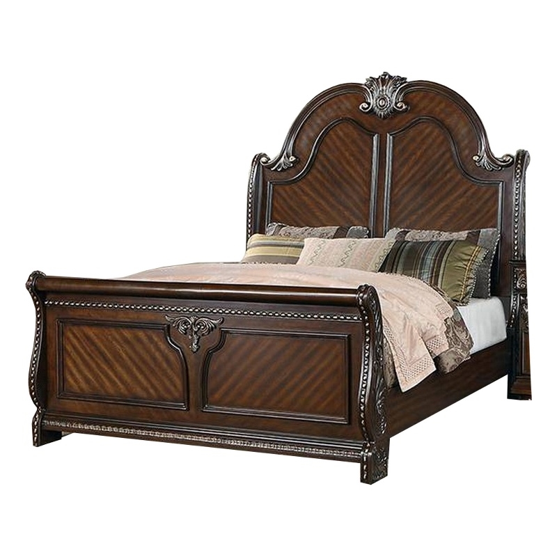 Bowery Hill Queen Bed with Carved Trim and Scalloped Headboard in Brown
