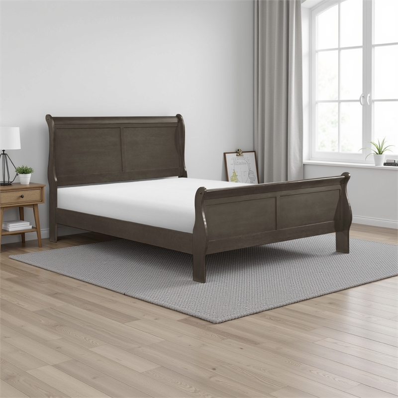 Bowery Hill Full Size Sleigh Bed with Wood Frame in Smooth Dark Gray