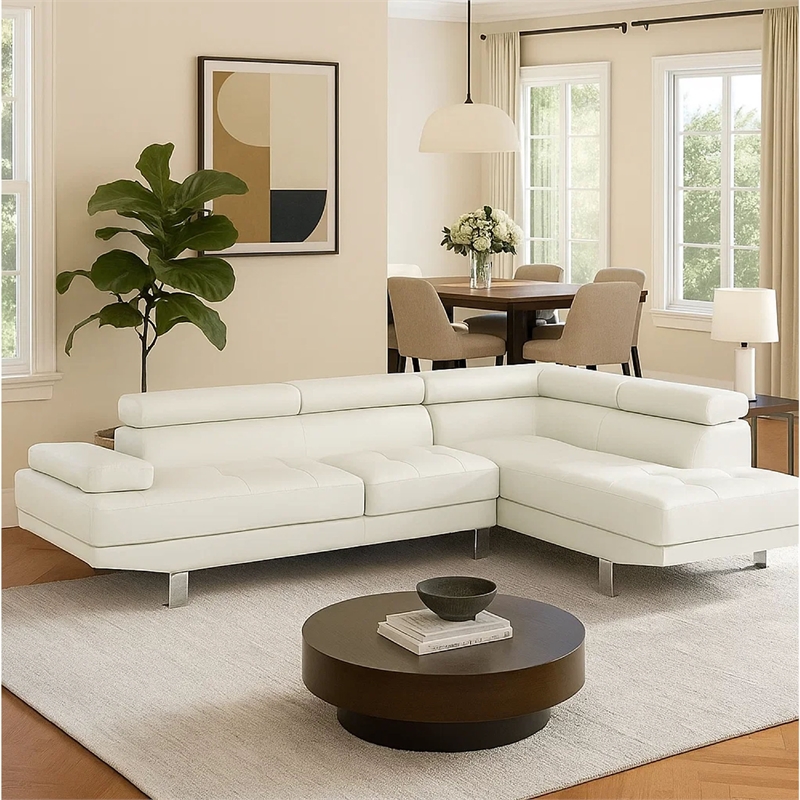 Bowery Hill 2 Piece Sectional Sofa with Chaise and Headrests in White