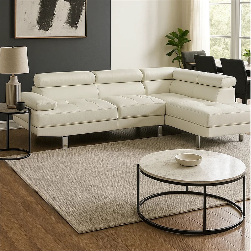 Bowery Hill 2 Piece Sectional Sofa with Chaise and Headrests in White