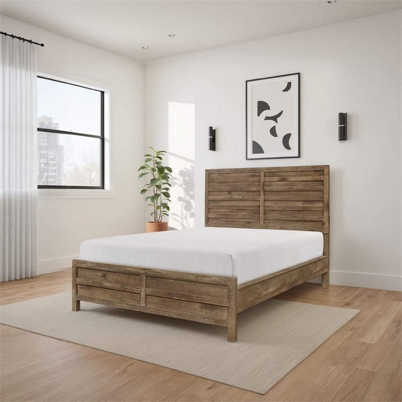 Bowery Hill Queen Bed with Wood Plank Design in Weathered Pine Veneer